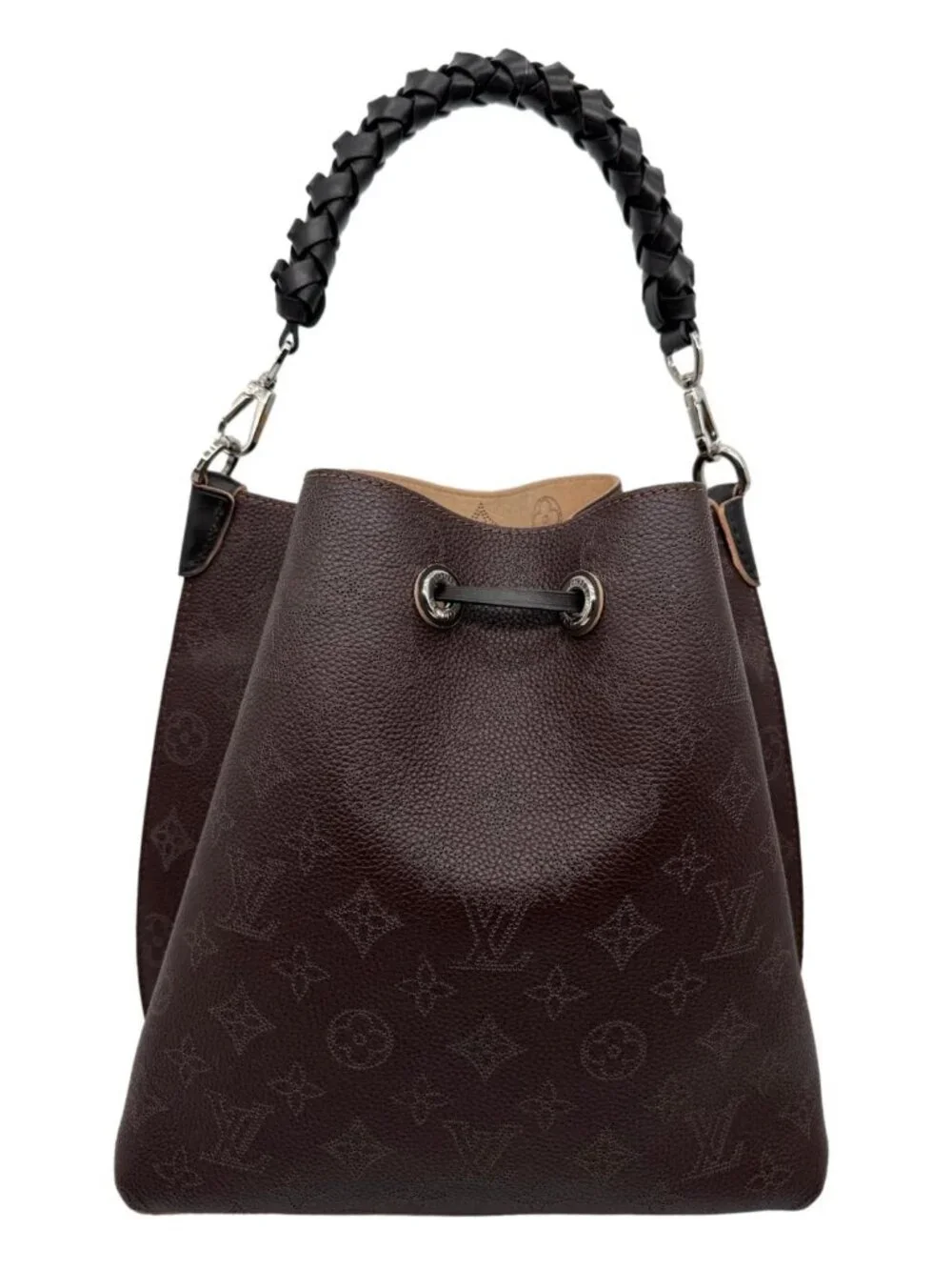 Louis Vuitton  Braided Handle Muria Mahina Leather Shoulder Hobo Bag Brown
